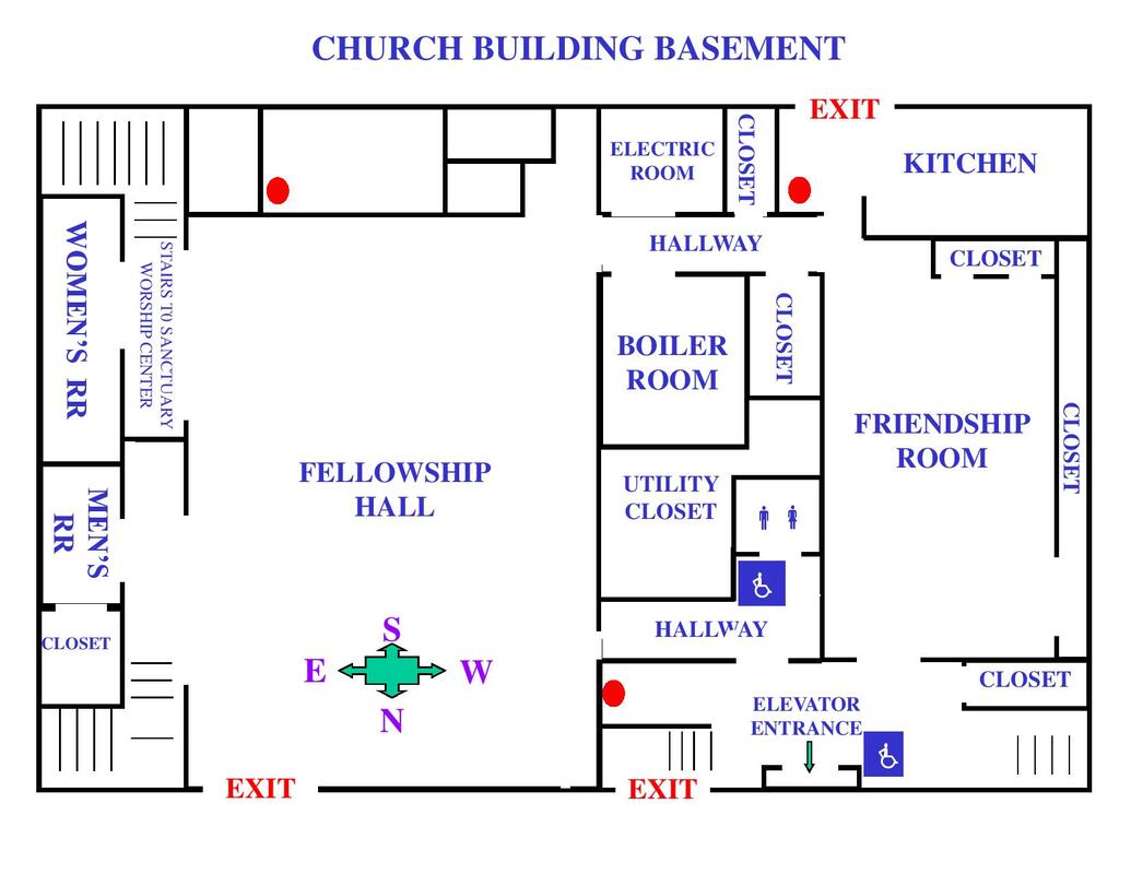 Map of Church Basement including Friendship Room, Fellowship Hall, Nursery, and Kitchen