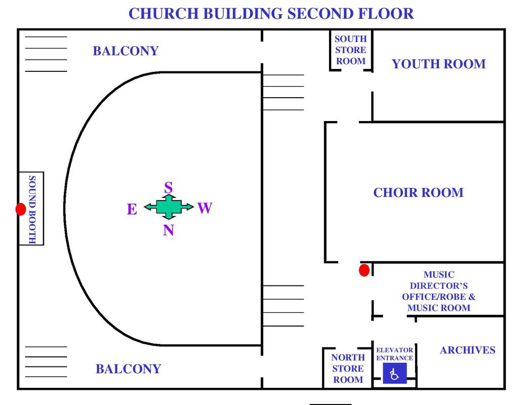 Map of Church Second Floor including Youth Room, Choir Room, Archives, and Balcony